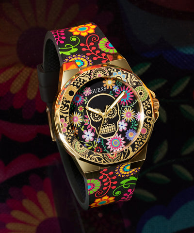 GW0754L1 GUESS Ladies Day of the Dead Black Gold Tone Analog Watch beauty shot