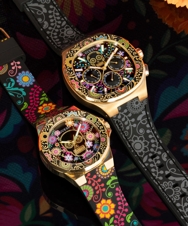 GW0754L1 GUESS Ladies Day of the Dead Black Gold Tone Analog Watch angle two watches