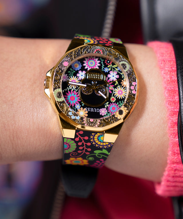 GW0754L1 GUESS Ladies Day of the Dead Black Gold Tone Analog Watch angle watch on wrist close up