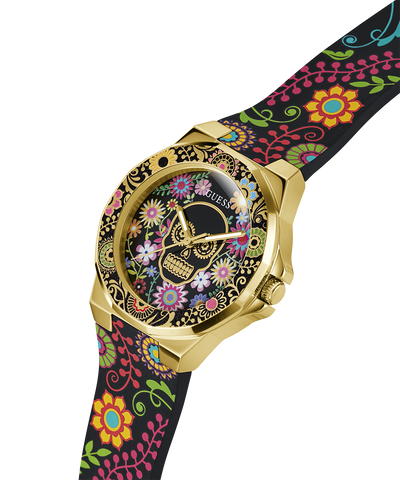 GW0754L1 GUESS Ladies Day of the Dead Black Gold Tone Analog Watch lifestyle angle