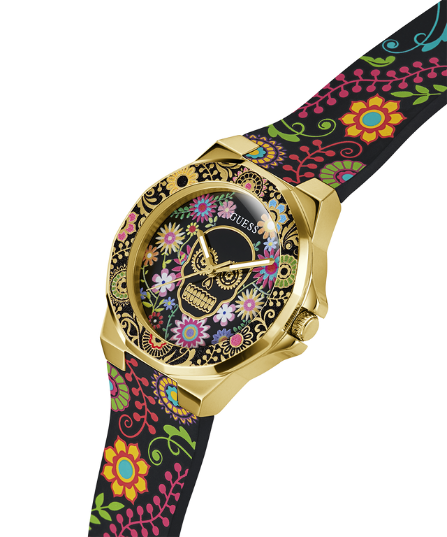 GW0754L1 GUESS Ladies Day of the Dead Black Gold Tone Analog Watch lifestyle angle