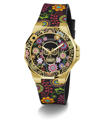 GW0754L1 GUESS Ladies Day of the Dead Black Gold Tone Analog Watch angle