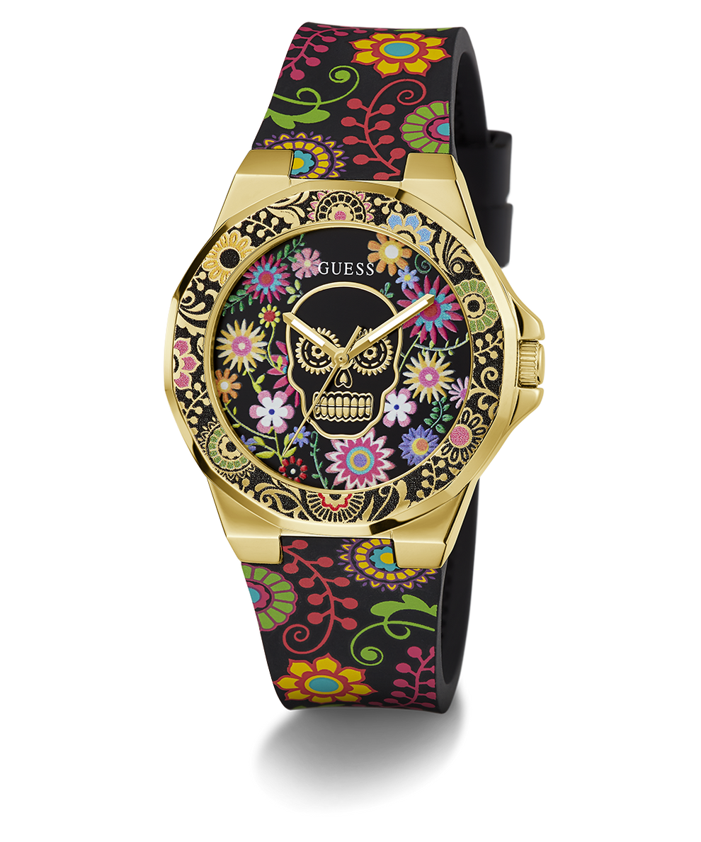 GW0754L1 GUESS Ladies Day of the Dead Black Gold Tone Analog Watch angle