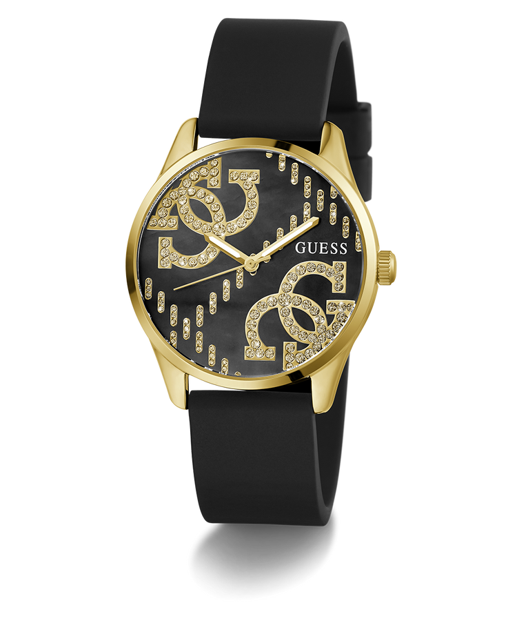 GW0755L3 GUESS Ladies Black Gold Tone Analog Watch angle