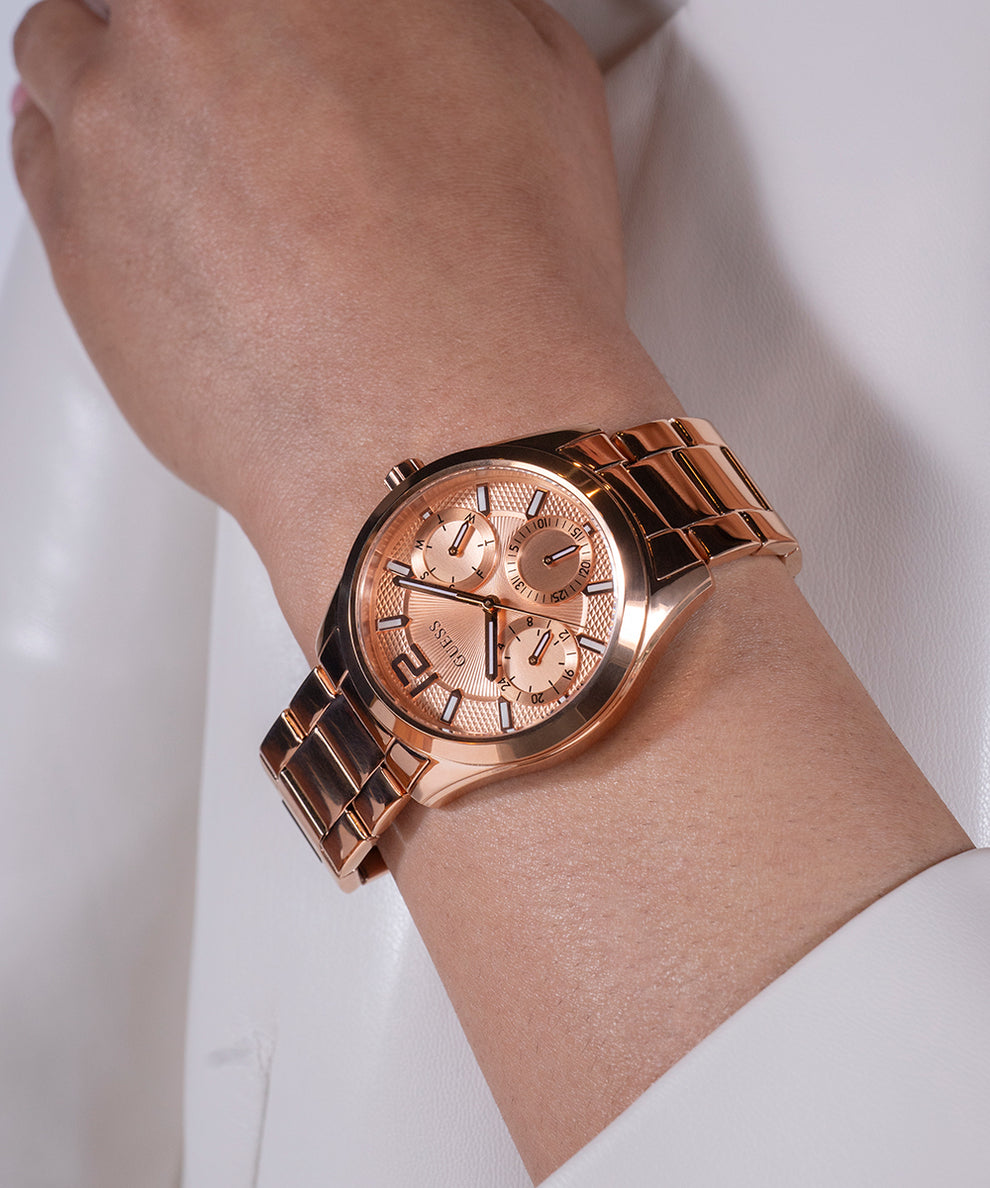 GW0760L3 GUESS Ladies Rose Gold Tone Multi-function Watch watch on arm