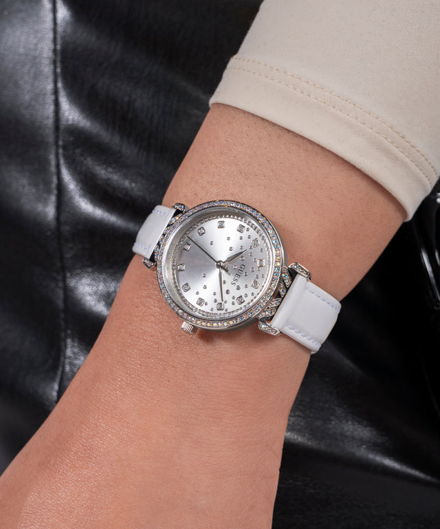 GW0764L4 GUESS Ladies White Silver Tone Analog Watch watch on wrist