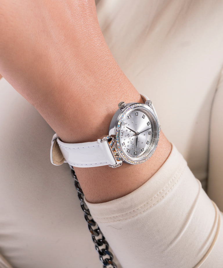 GW0764L4 GUESS Ladies White Silver Tone Analog Watch watch on arm