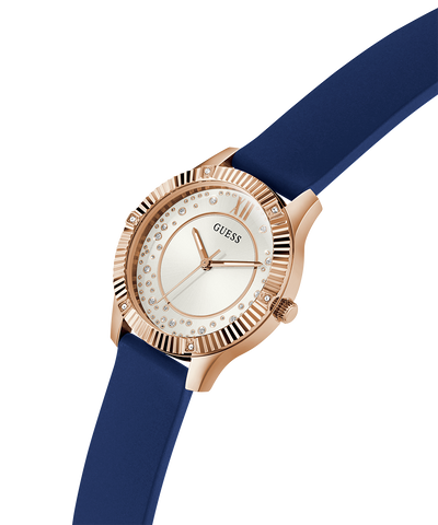 GW0766L4 GUESS Ladies Blue Rose Gold Tone Analog Watch lifestyle angle