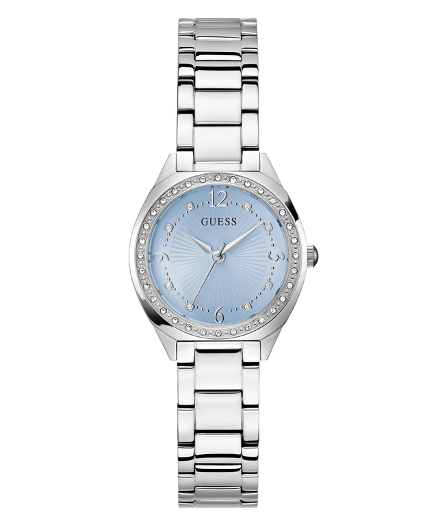 GUESS Ladies Silver Tone Analog Watch with a light blue face on a white background