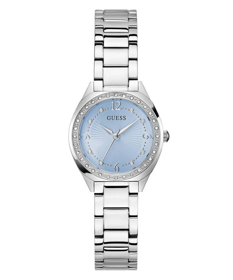GUESS Ladies Silver Tone Analog Watch with a light blue face on a white background