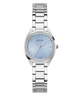 GUESS Ladies Silver Tone Analog Watch with a light blue face on a white background