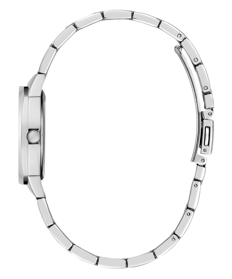 Close-up of a silver watch band on a white background