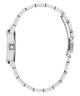 Close-up of a silver watch band on a white background