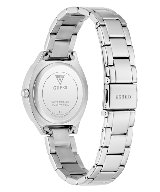 Silver Guess watch with a metal band on a white background