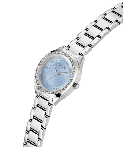 Silver watch with a light blue face on a white background lifestyle