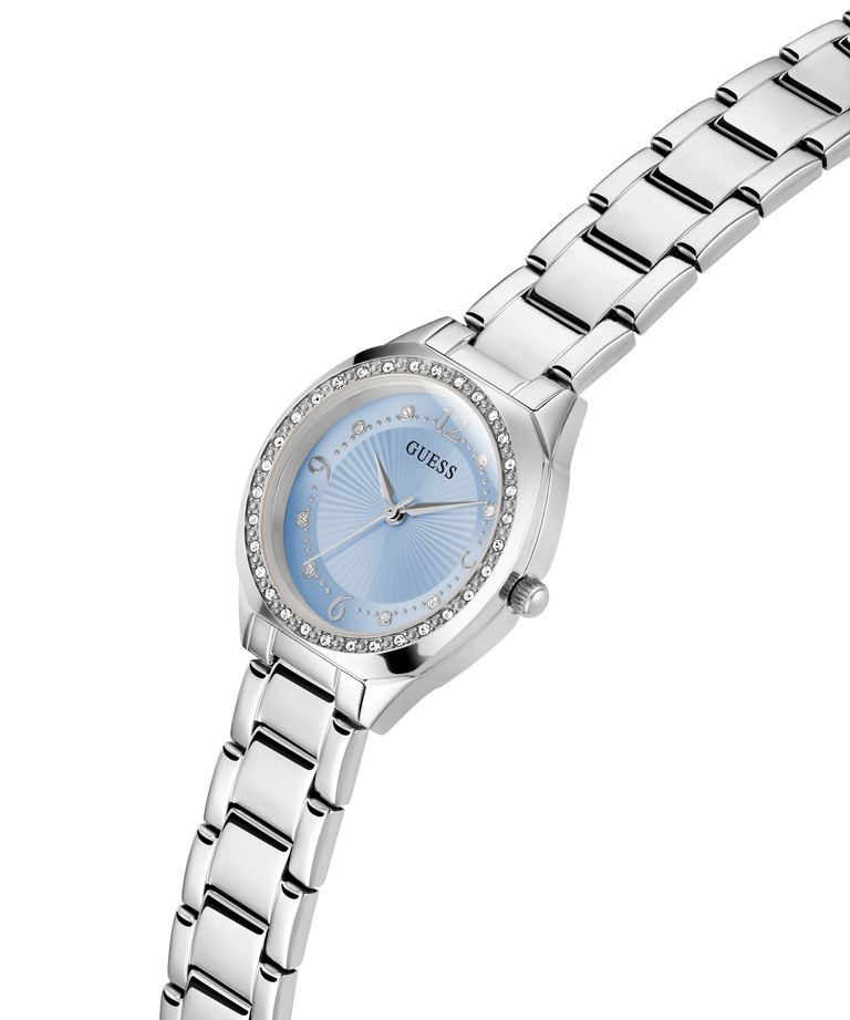 Silver watch with a light blue face on a white background lifestyle