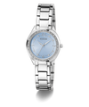 GUESS Ladies Silver Tone Analog Watch with a light blue face on a white background