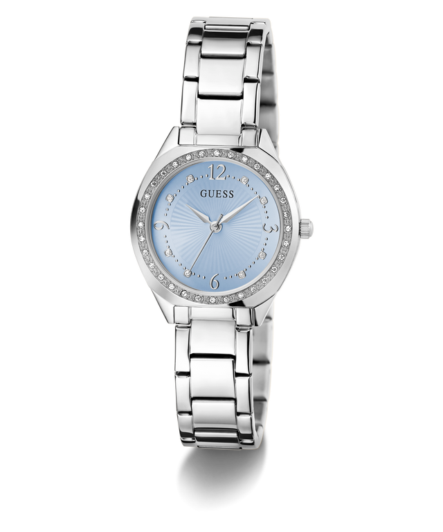 GUESS Ladies Silver Tone Analog Watch with a light blue face on a white background