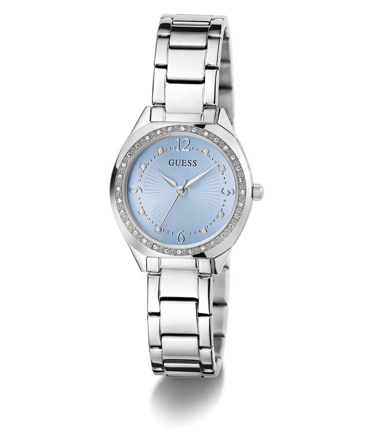 GUESS Ladies Silver Tone Analog Watch with a light blue face on a white background