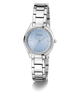 GUESS Ladies Silver Tone Analog Watch with a light blue face on a white background
