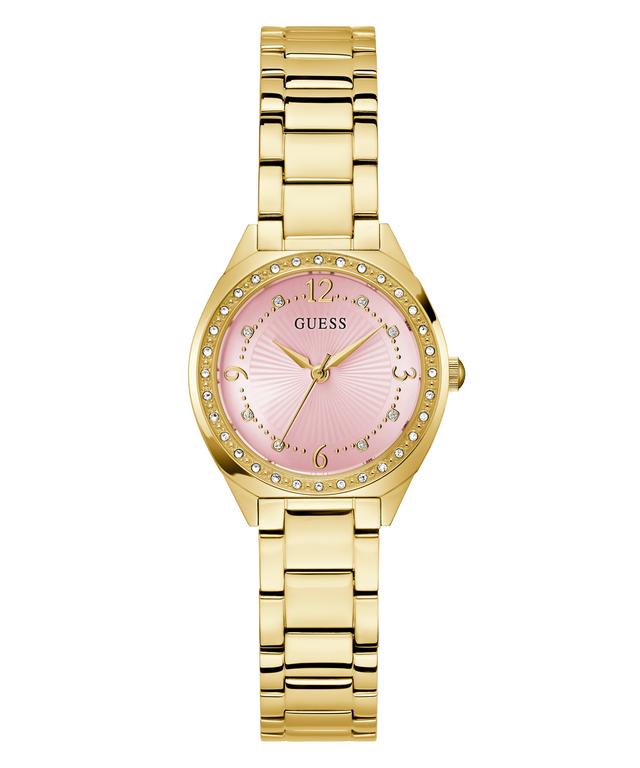 Gold GUESS Ladies Gold Tone Analog Watch with a pink face on a white background