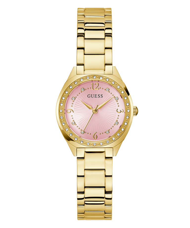 Gold GUESS Ladies Gold Tone Analog Watch with a pink face on a white background