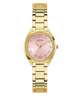 Gold GUESS Ladies Gold Tone Analog Watch with a pink face on a white background