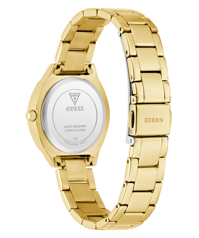 Gold GUESS Ladies Gold Tone Analog Watch with visible brand logo on a white background