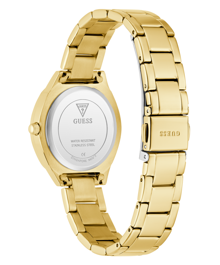 Gold GUESS Ladies Gold Tone Analog Watch with visible brand logo on a white background