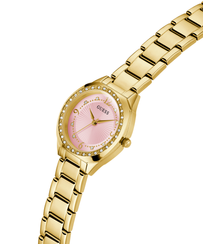 Gold watch with a pink face on a white background lifestyle