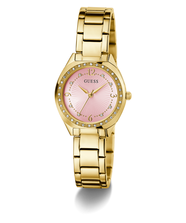GUESS Ladies Gold Tone Analog Watch with a pink face on a white background