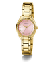 GUESS Ladies Gold Tone Analog Watch with a pink face on a white background