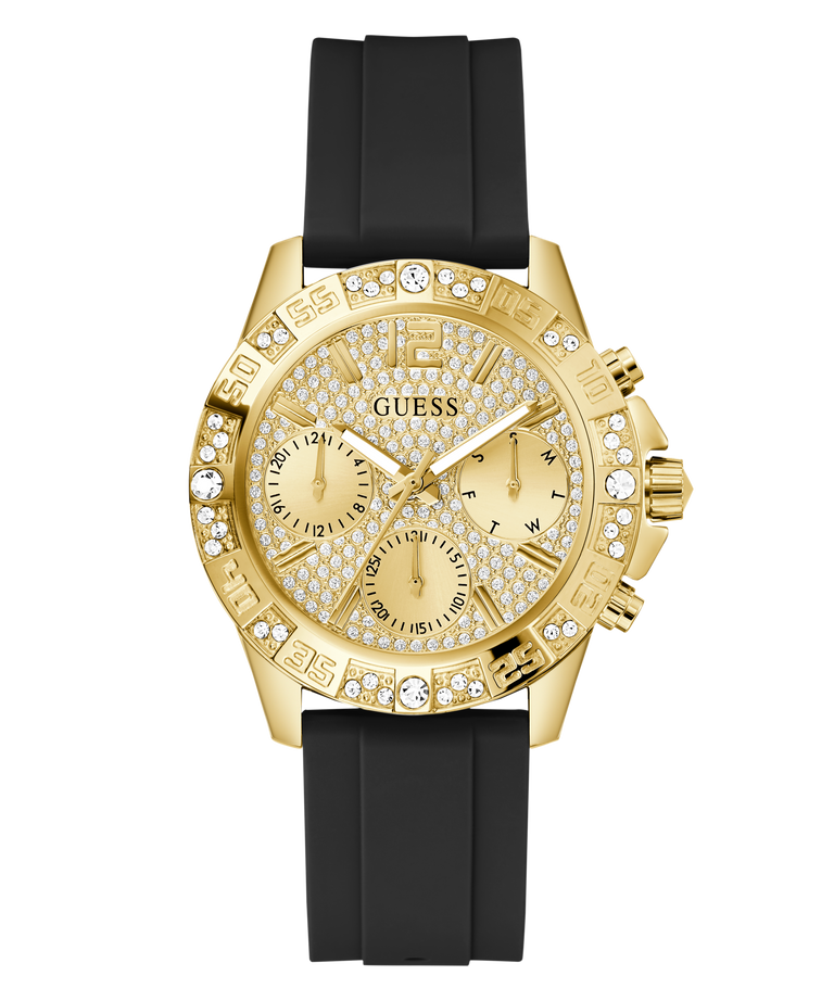 GUESS Ladies Black Gold Tone Multi-function Watch with black strap on a white background
