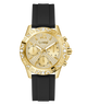 GUESS Ladies Black Gold Tone Multi-function Watch with black strap on a white background