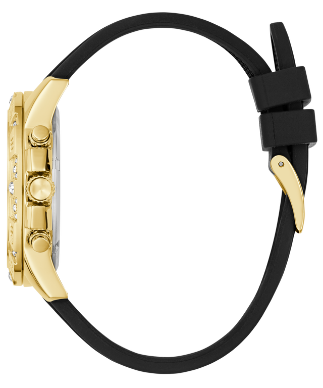 Gold watch with black strap on a white background