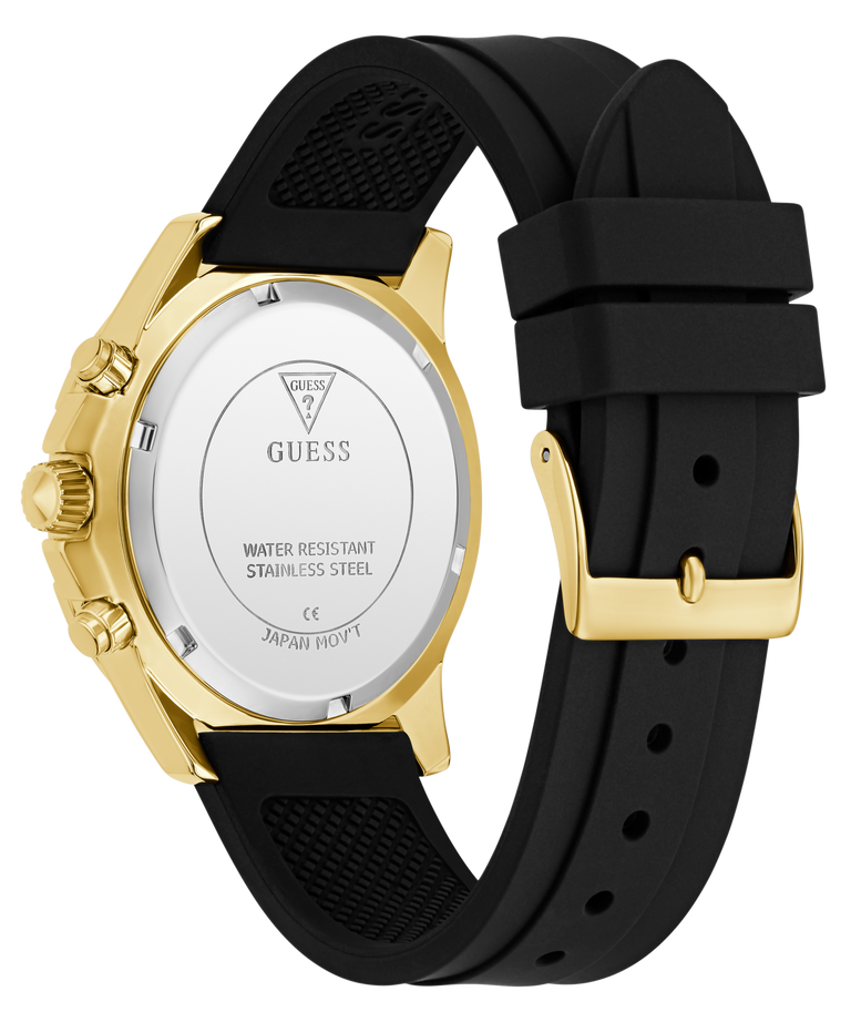 Guess watch with black strap and gold case on a white background