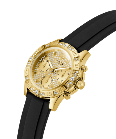 Gold watch with black strap on a white background lifestyle