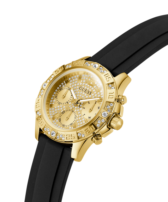 Gold watch with black strap on a white background lifestyle