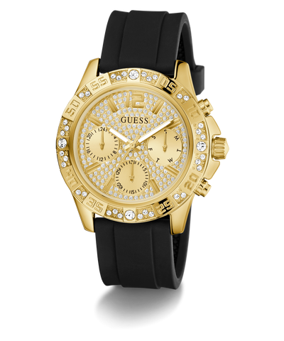 GUESS Ladies Black Gold Tone Multi-function Watch with black rubber strap on a white background