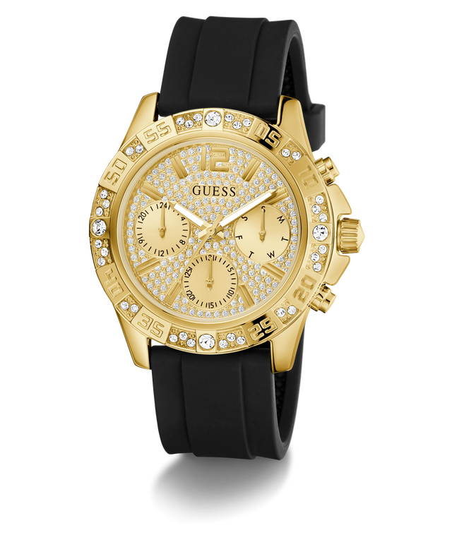 GUESS Ladies Black Gold Tone Multi-function Watch with black rubber strap on a white background