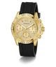 GUESS Ladies Black Gold Tone Multi-function Watch with black rubber strap on a white background