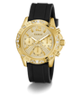 GUESS Ladies Black Gold Tone Multi-function Watch with black rubber strap on a white background