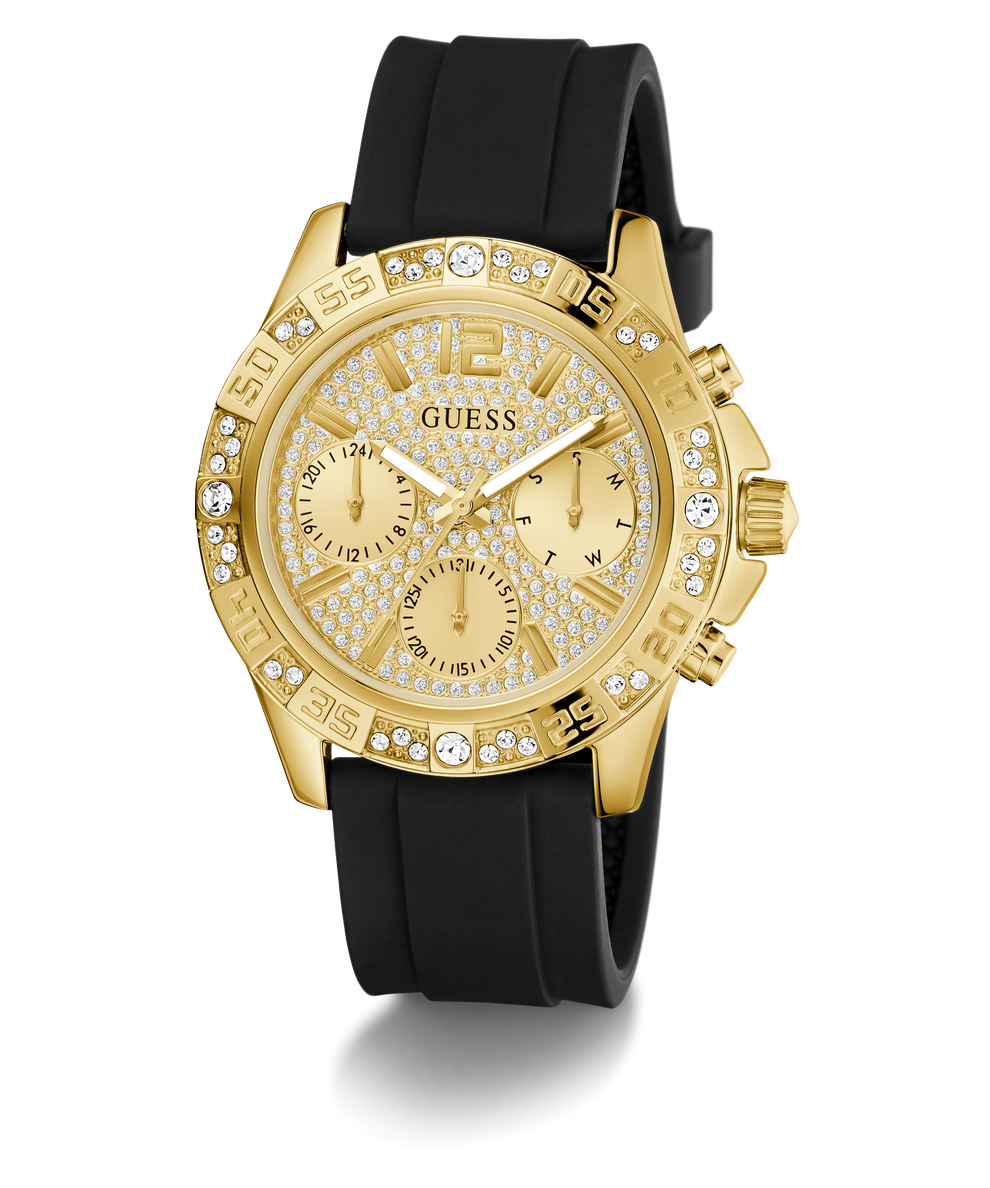 GUESS Ladies Black Gold Tone Multi-function Watch with black rubber strap on a white background