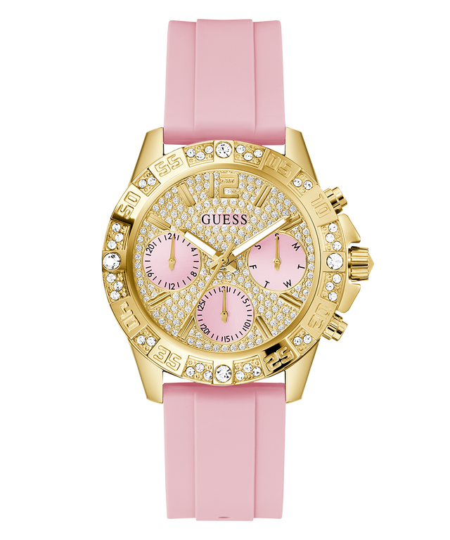 GUESS Ladies Pink Gold Tone Analog Watch with pink strap and pink face on a white background