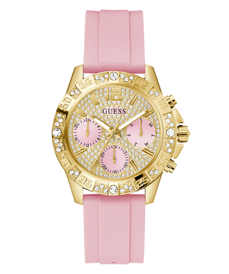 GUESS Ladies Pink Gold Tone Analog Watch with pink strap and pink face on a white background