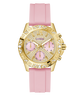 GUESS Ladies Pink Gold Tone Analog Watch with pink strap and pink face on a white background