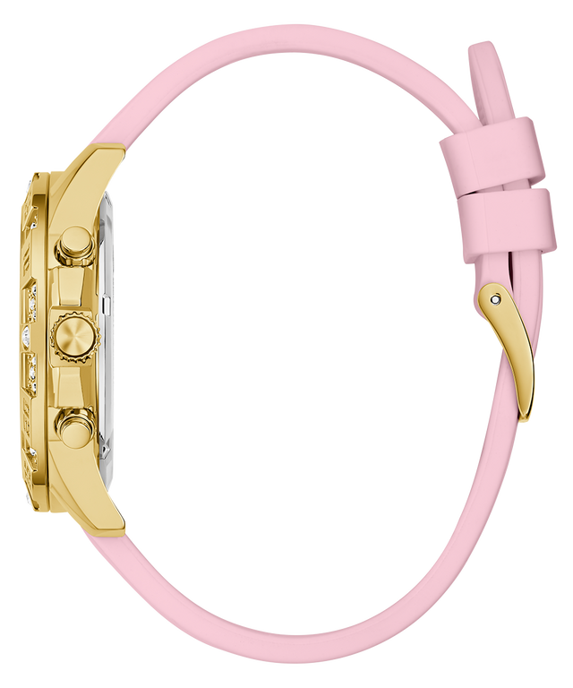 Watch with pink strap and gold case on a white background