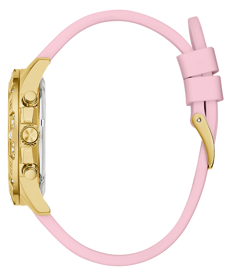 Watch with pink strap and gold case on a white background