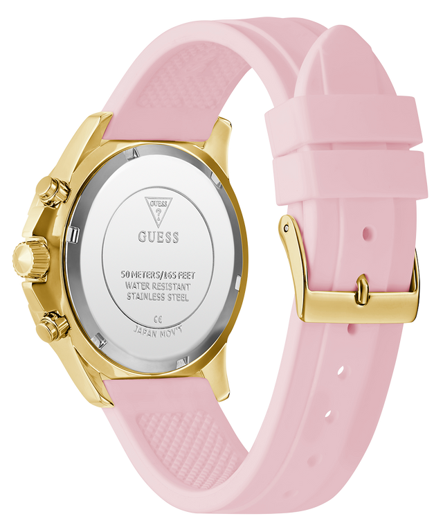 Watch with pink strap and gold case on a white background