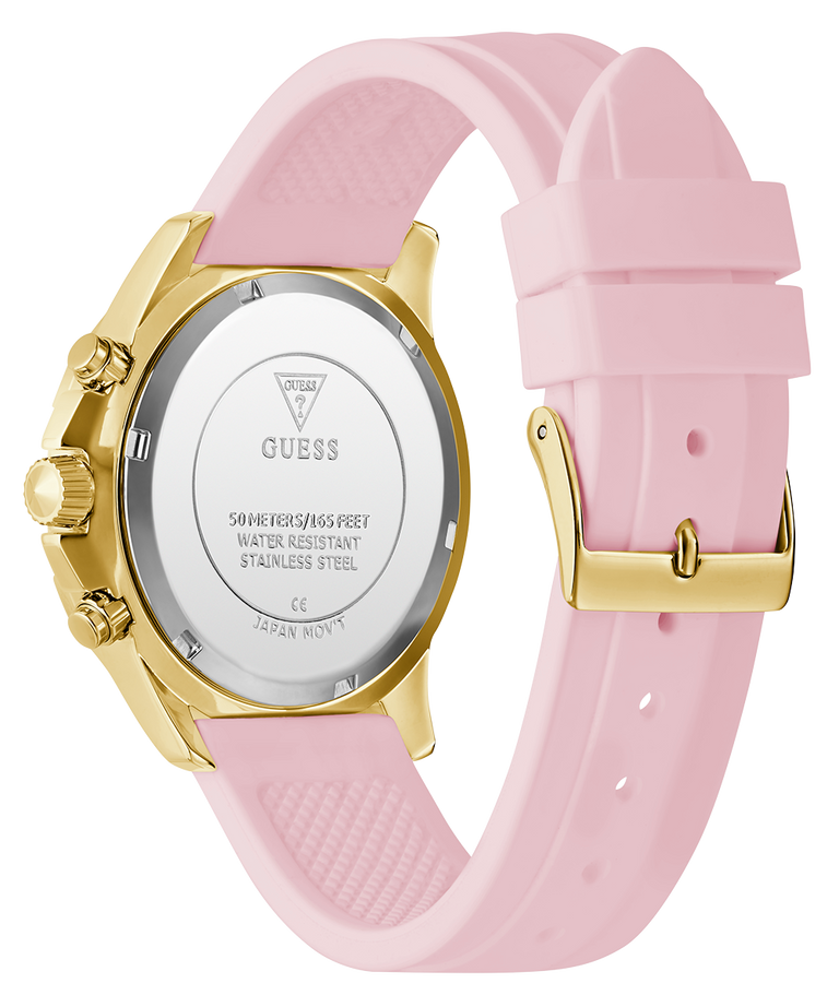Watch with pink strap and gold case on a white background